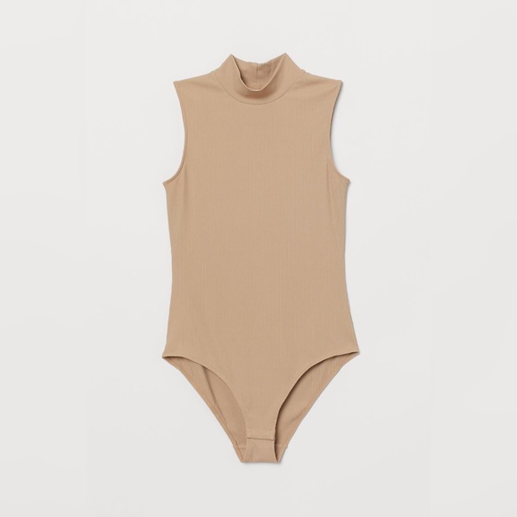 Tops - H&M Tan Ribbed Mock Neck Sleeveless Bodysuit